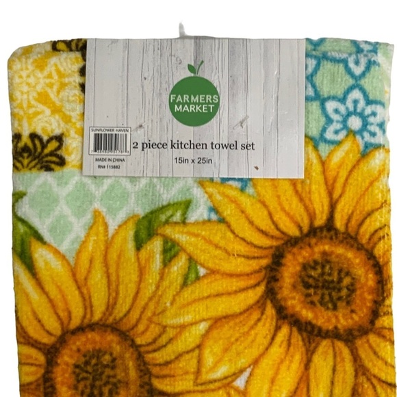 Farmers Market Sunflower Butterfly Kitchen Towels Absorbent Cotton Velour 2 PC - Picture 2 of 16